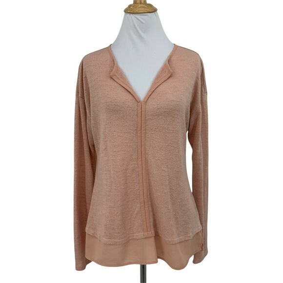 Sanctuary Split Neck Long Sleeve Top Women's Size M Chiffon Hem Blush Pink Shirt - Picture 1 of 10